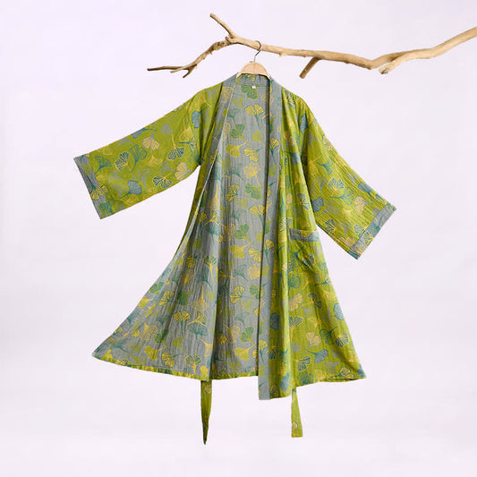 Green Gray Ginkgo Leaf Cotton Kimono Robe - Green - 2XL - image 0