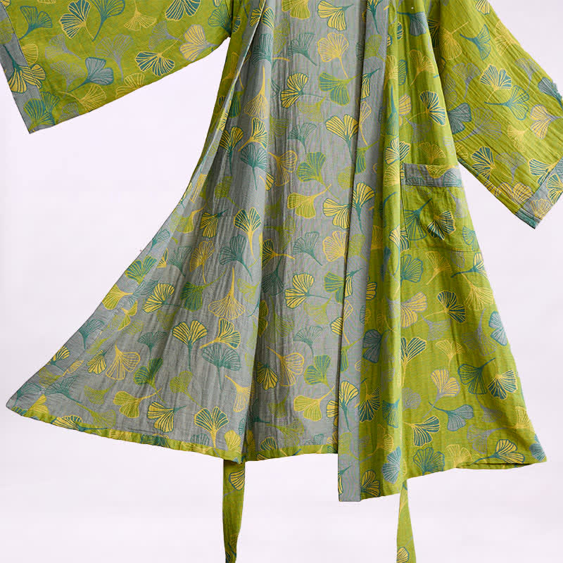 Green Gray Ginkgo Leaf Cotton Kimono Robe - image 3
