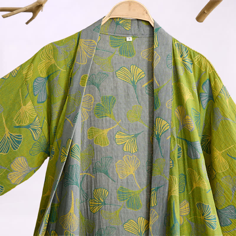 Green Gray Ginkgo Leaf Cotton Kimono Robe - image 2