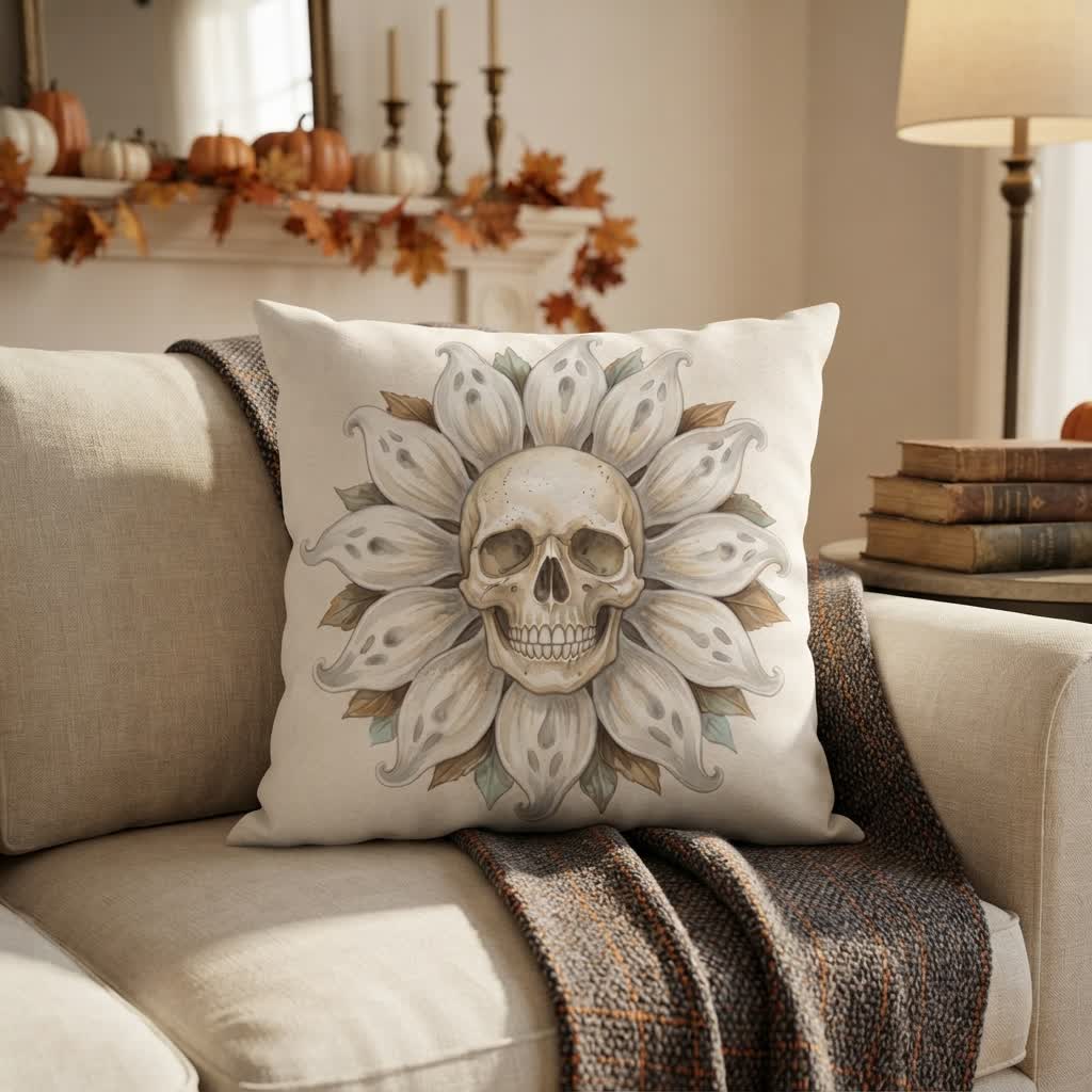 Ghost Sunflower Skull Plush Accent Pillow - Cover + Insert - 2PCS - 18" x 18" - image 0