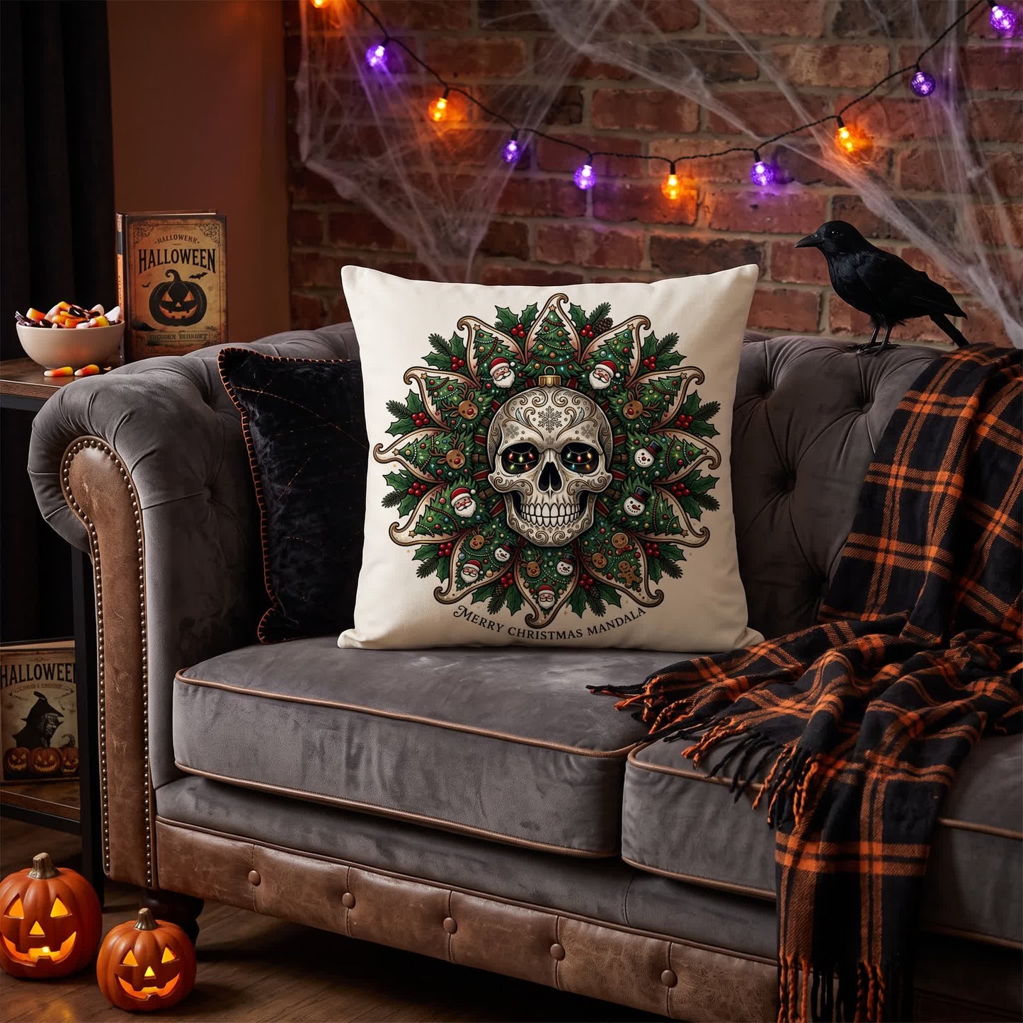 Christmas Skull Mandala Plush Throw Pillow - Cover + Insert - 2PCS - 18" x 18" - image 0