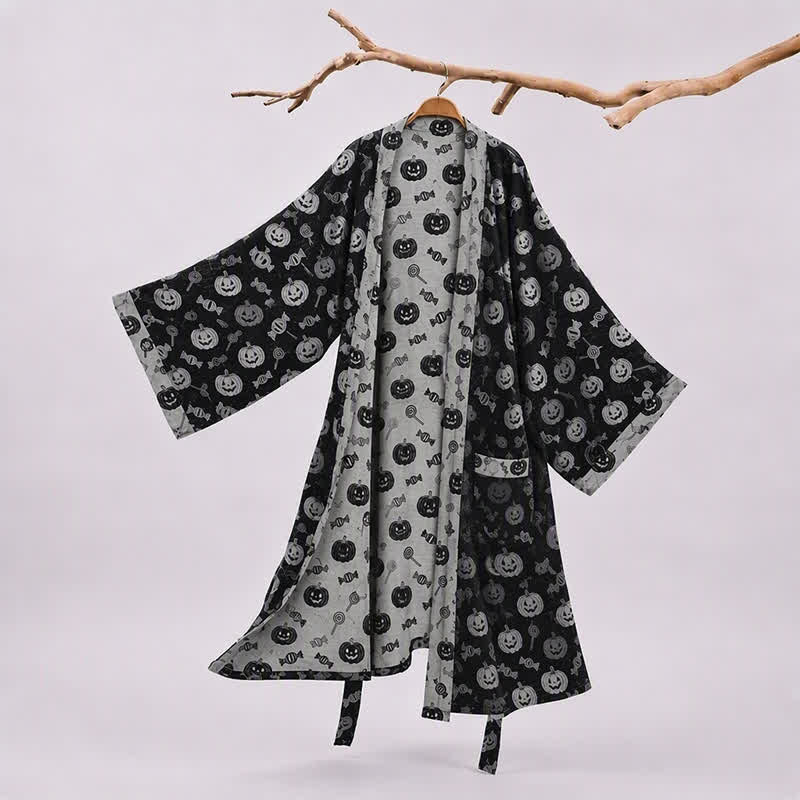 Halloween Pumpkin Candy Cotton Kimono Robe - Black - 2XL - image 0