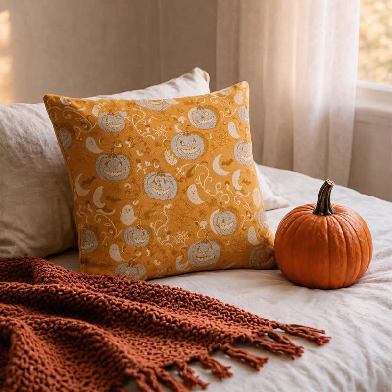 Orange Pumpkin Ghost Cotton Throw Pillow - image 2
