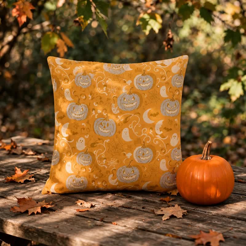 Orange Pumpkin Ghost Cotton Throw Pillow - image 3