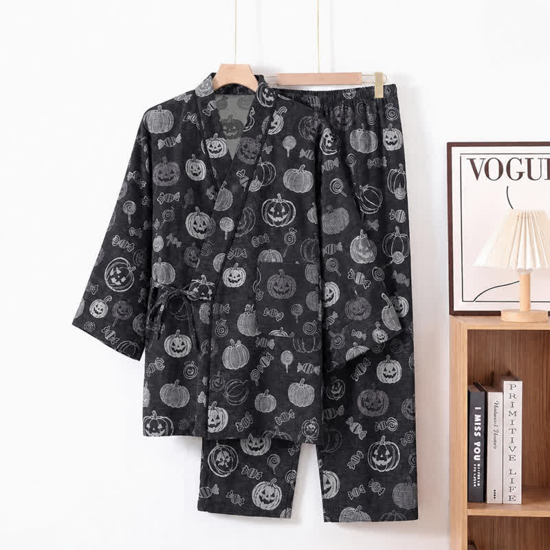 Pumpkin Candy Cotton Kimono Pajama Set - Black - XL - image 1