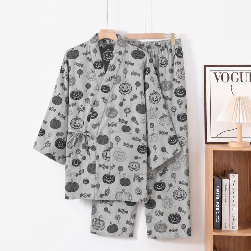 Pumpkin Candy Cotton Kimono Pajama Set - White - XL - image 4