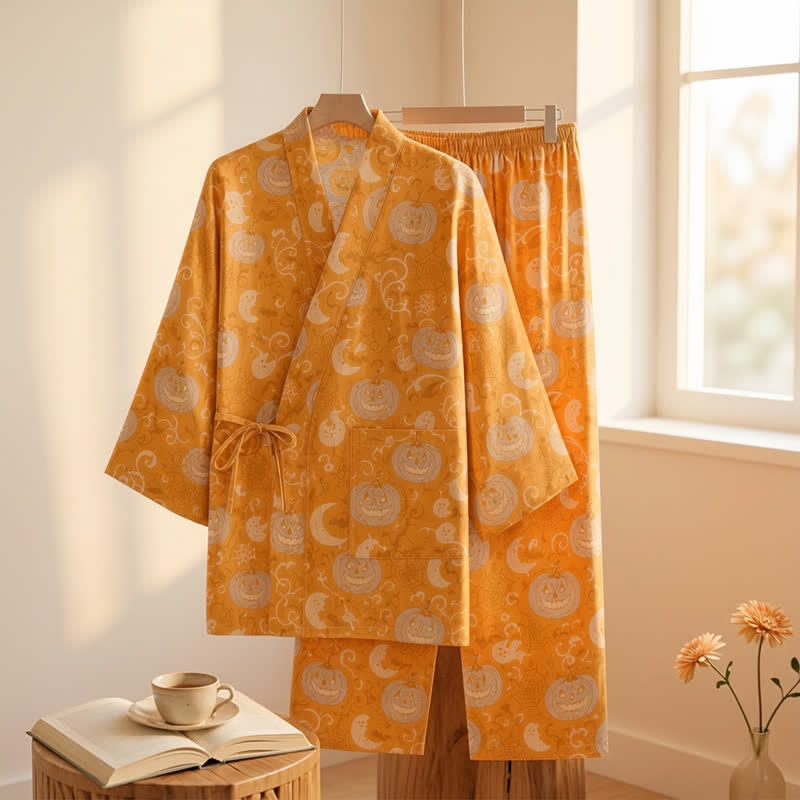 Halloween Pumpkin Ghost Cotton Kimono Pajama Set - image 1