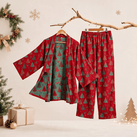 Christmas Tree Cotton Kimono Loungewear Set - Red - XL - image 0