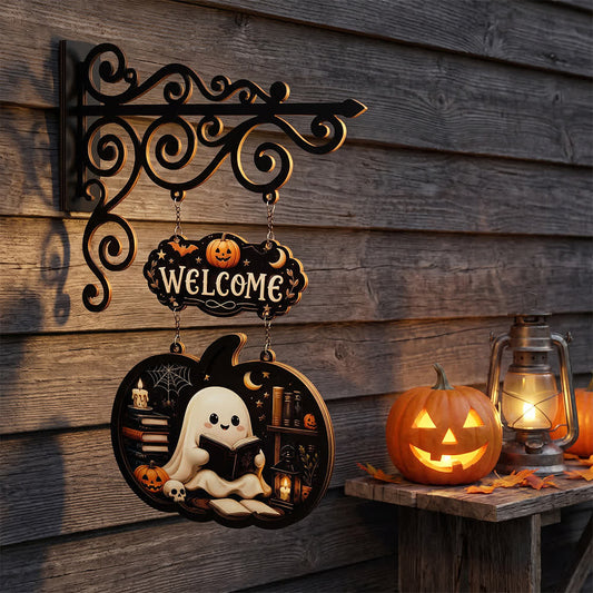 Spooky & Cute Pumpkin Hanging Wooden Door Sign - Reading - 4PCS - 10"W x 15"H - image 0
