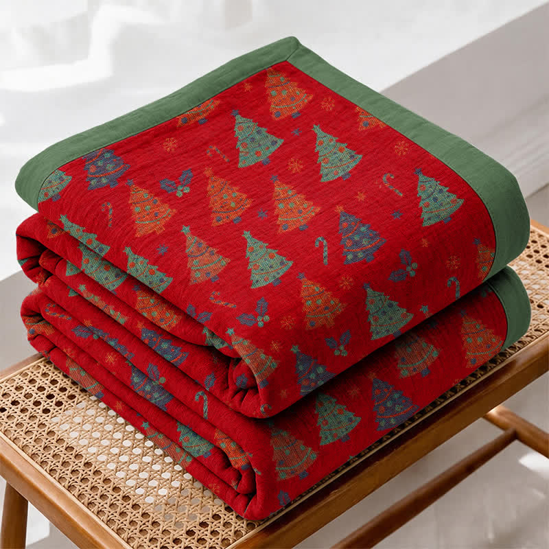 Festive Christmas Tree Cotton Gauze Blanket - Red - Blanket - 98" x 94" - image 0