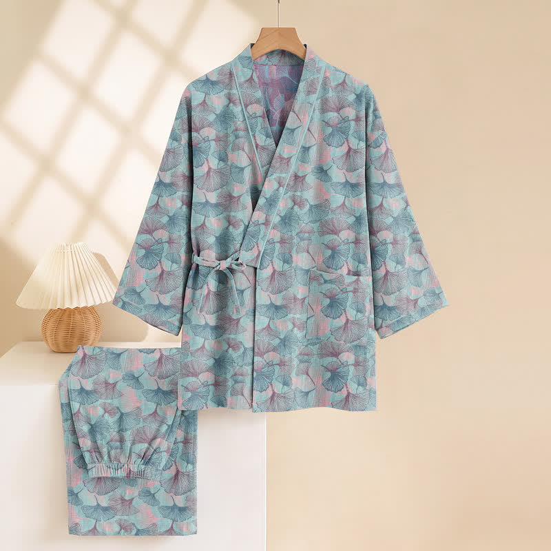 Retro Ginkgo Leaf Cotton Kimono Pajama Set - image 4