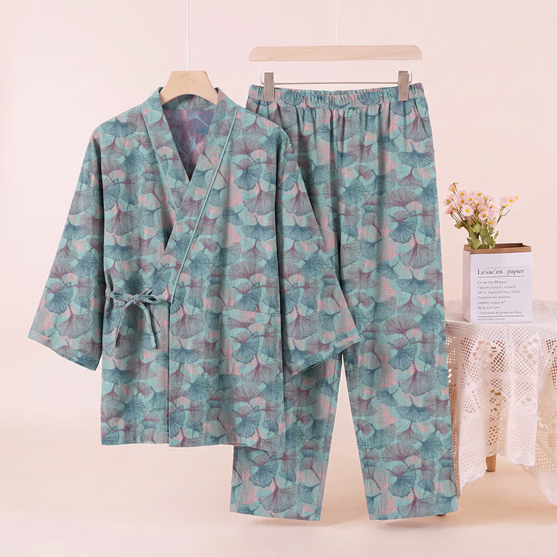 Retro Ginkgo Leaf Cotton Kimono Pajama Set - image 2