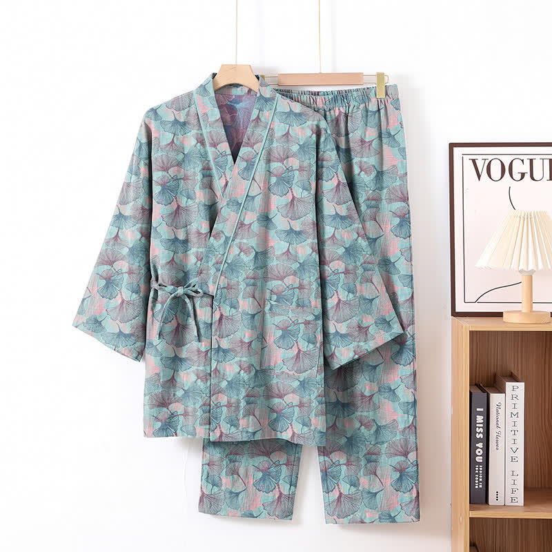 Retro Ginkgo Leaf Cotton Kimono Pajama Set - Blue - XL - image 1