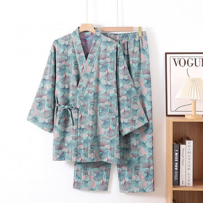 Retro Ginkgo Leaf Cotton Kimono Pajama Set - Blue - XL - image 1