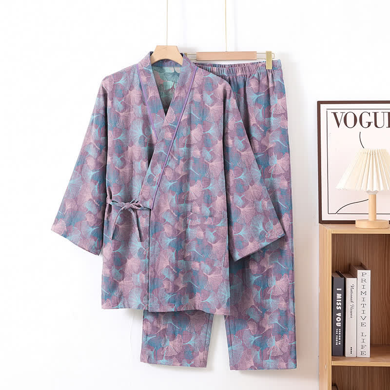 Retro Ginkgo Leaf Cotton Kimono Pajama Set - Purple - XL - image 6