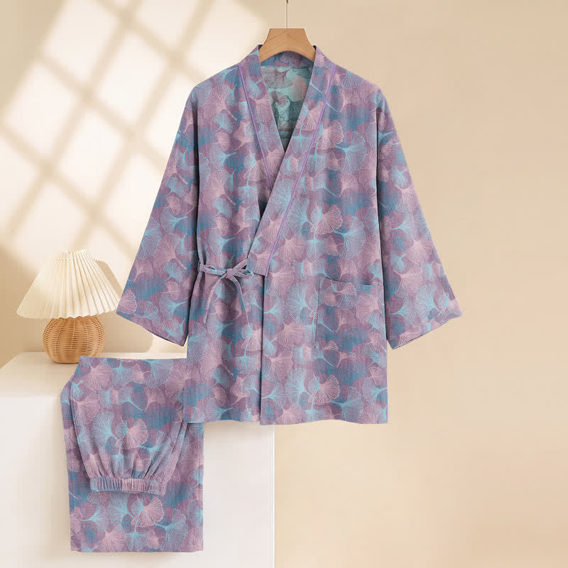 Retro Ginkgo Leaf Cotton Kimono Pajama Set - image 10