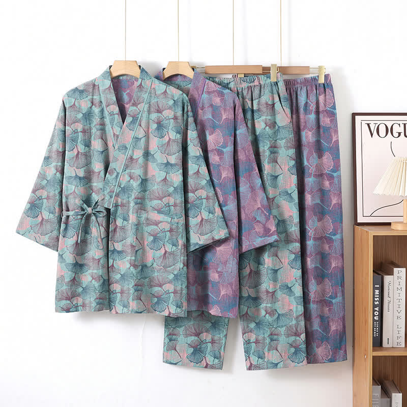 Retro Ginkgo Leaf Cotton Kimono Pajama Set - image 0