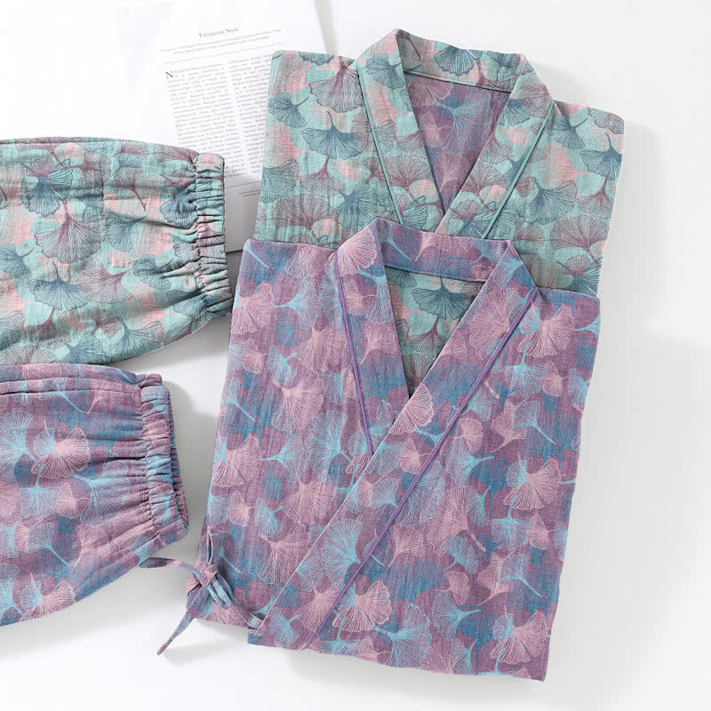 Retro Ginkgo Leaf Cotton Kimono Pajama Set - image 11