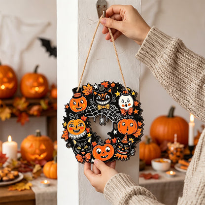 Halloween Wooden Wreath Sign with Jute Rope - Black Cat & Pumpkin - 4PCS - 7.87" - image 0