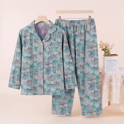 Ginkgo Leaf Cotton Notched‑Collar Loungewear Set - Blue - XL - image 0