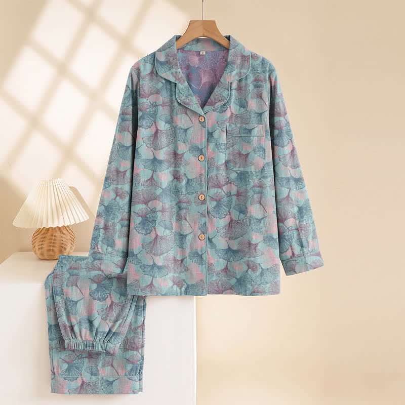 Ginkgo Leaf Cotton Notched‑Collar Loungewear Set - image 1