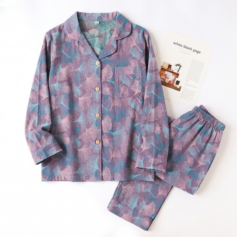 Ginkgo Leaf Cotton Notched‑Collar Loungewear Set - image 8