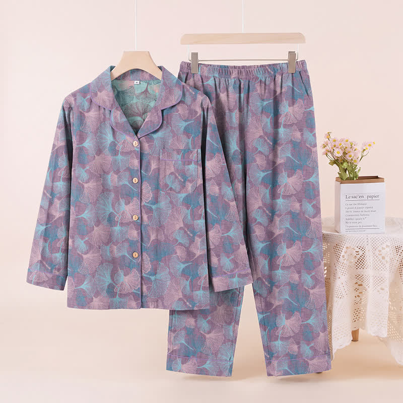 Ginkgo Leaf Cotton Notched‑Collar Loungewear Set - Purple - XL - image 5