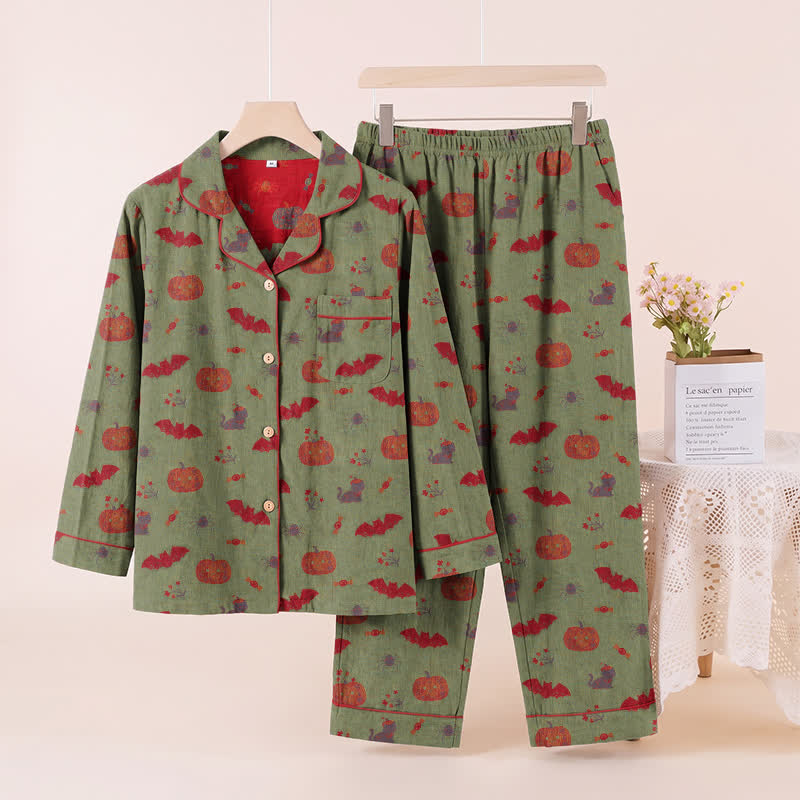 Halloween Pumpkin Bat Cotton Loungewear Set - Green - XL - image 6