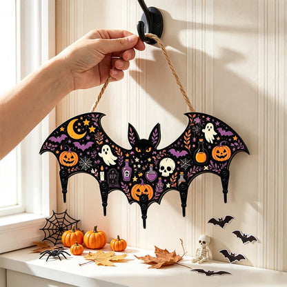 Halloween Bat Shaped Wooden Key Holder - Ghost & Skull - 4PCS - 12"L x 5"H - image 0