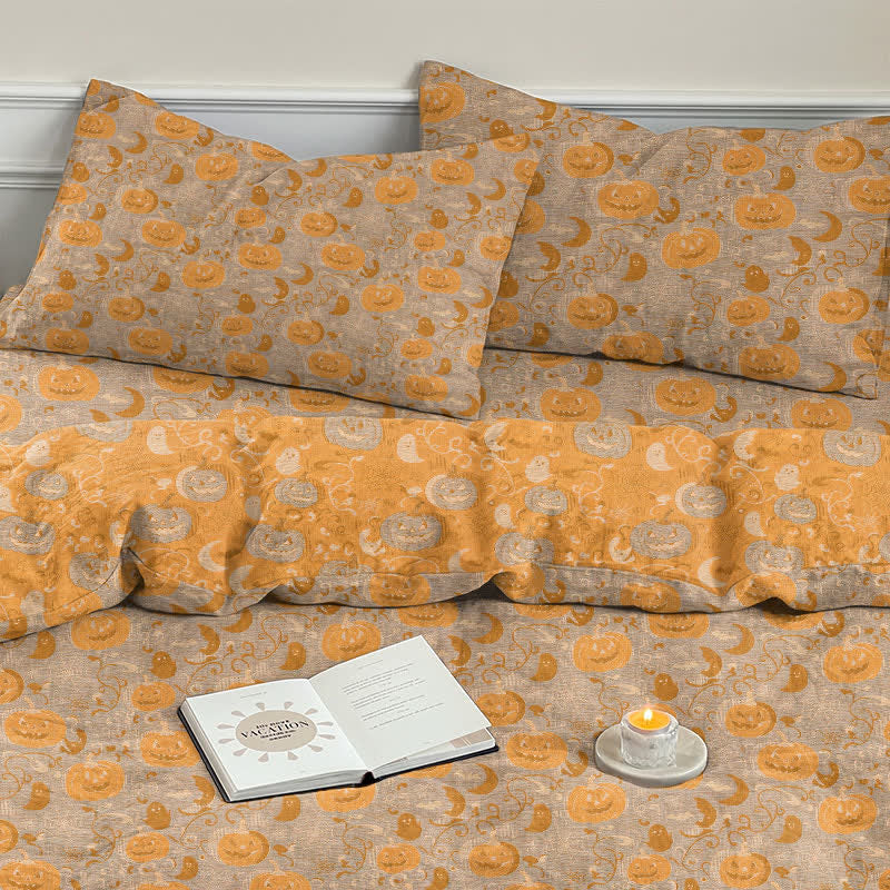 Halloween Pumpkin Moon Cotton Bedding Set - Beige - 2PCS Pillowcases - 20" x 37" - image 12