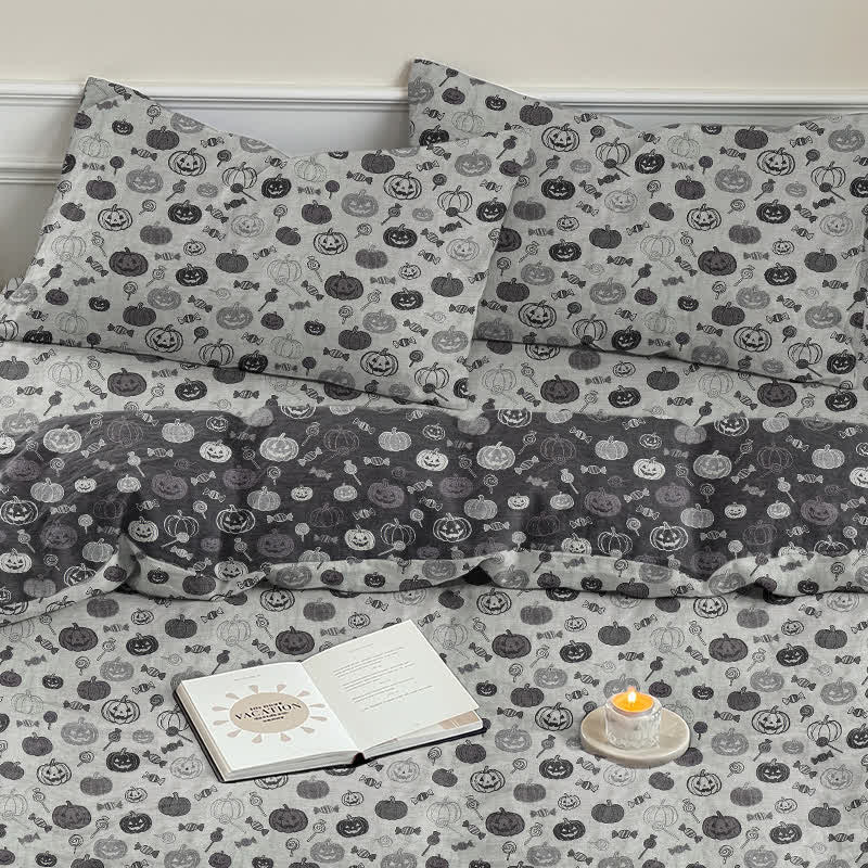 Halloween Monochrome Pumpkin Cotton Bedding Set - White - 2PCS Pillowcases - 20" x 37" - image 15