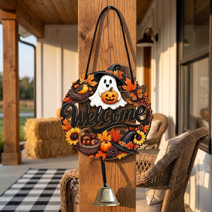 Gothic Wooden Halloween Welcome Door Sign - Ghost & Pumpkin - 5PCS - image 0