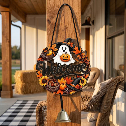 Gothic Wooden Halloween Welcome Door Sign - Ghost & Pumpkin - 5PCS - image 0