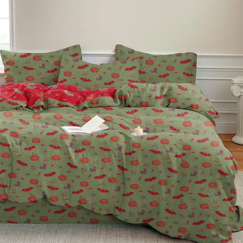 Halloween Pumpkin Bat Cotton Bedding Set - Green - Bedding Set(4PCS) - King - image 8
