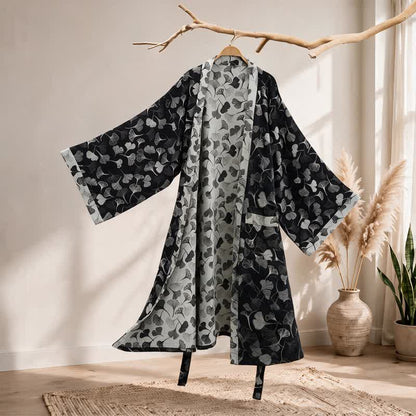Black White Ginkgo Leaf Cotton Kimono Robe - Black - 2XL - image 0