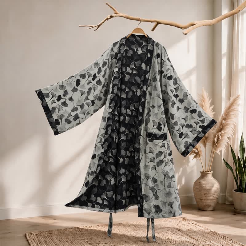Black White Ginkgo Leaf Cotton Kimono Robe - White - 2XL - image 5
