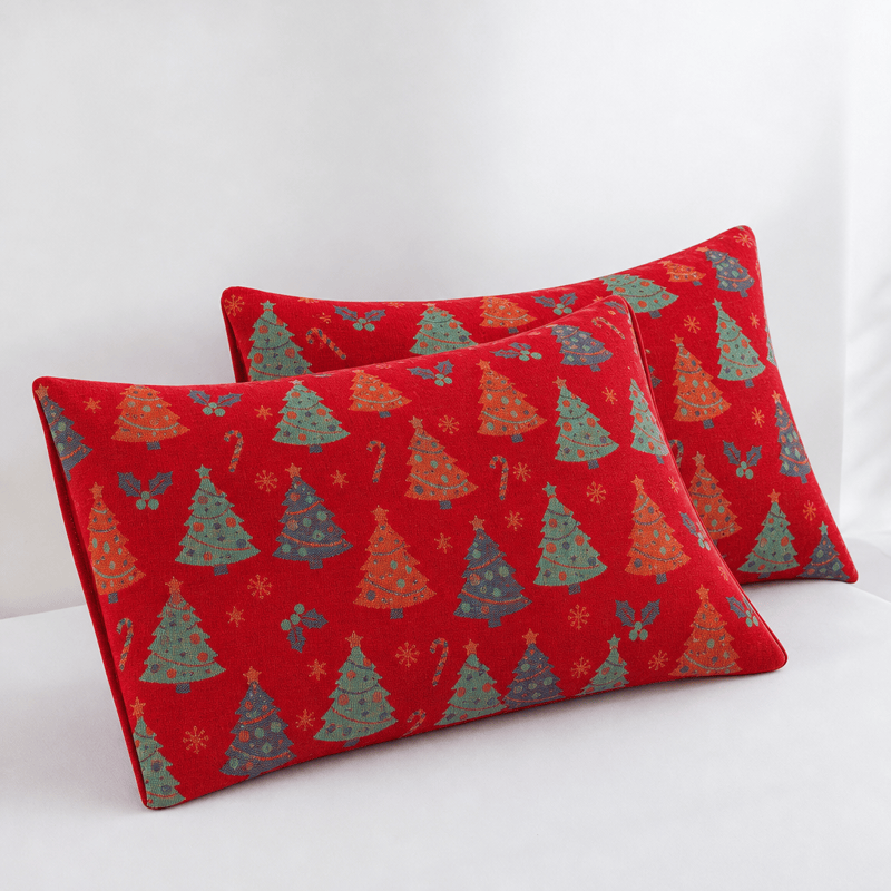 Festive Christmas Tree Cotton Gauze Blanket - Red - 2PCS Pillowcases - 20" x 36" - image 5