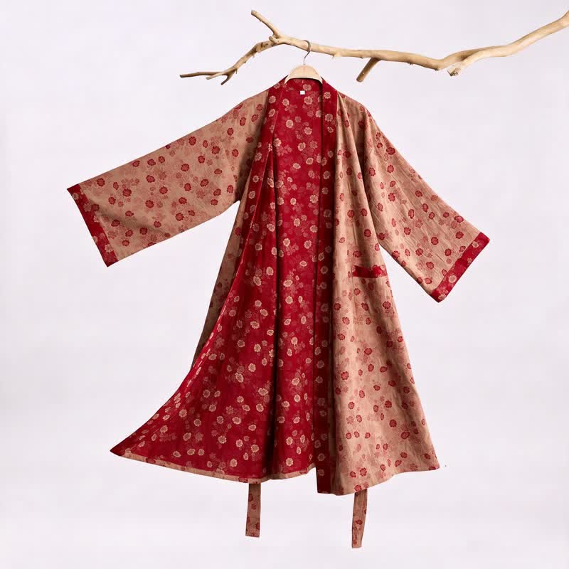 Retro Flower Cotton Gauze Kimono Robe - Beige - XL - image 8
