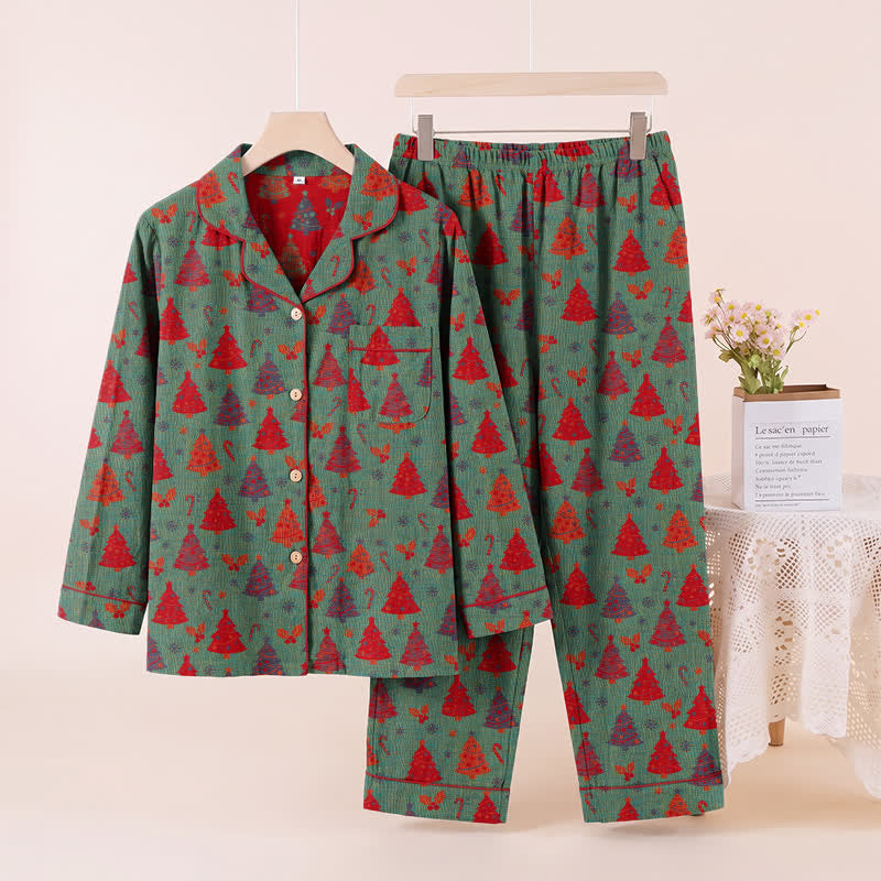 Christmas Tree Cotton Gauze Loungewear Set - Green - XL - image 6
