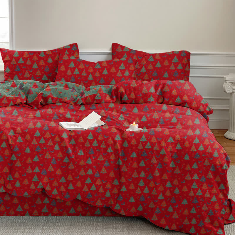 Festive Christmas Tree Cotton Bedding Set - Red - Bedding Set(4PCS) - King - image 0