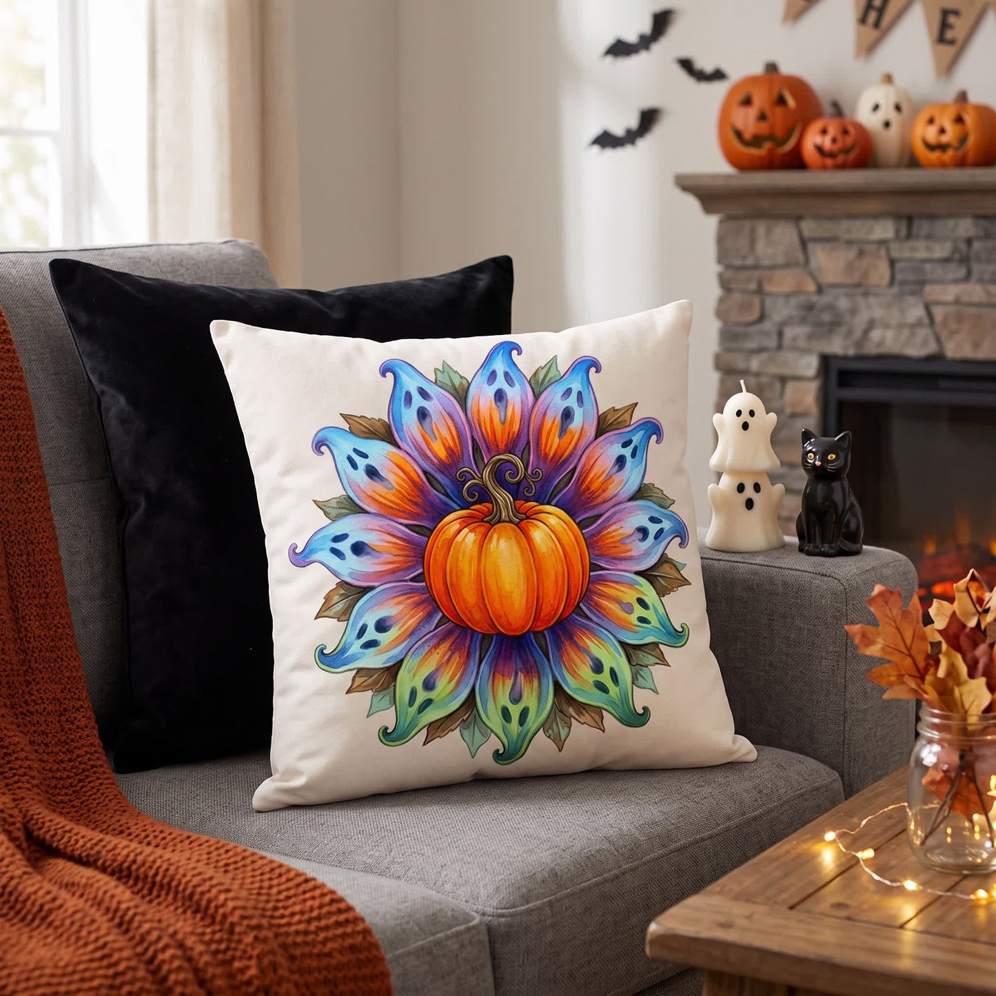 Halloween Pumpkin Flower Throw Pillow Cover - Cover + Insert - 2PCS - 18" x 18" - image 0