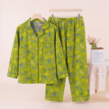 Nature‑Inspired Ginkgo Leaf Cotton Loungewear Set - Green - XL - image 0