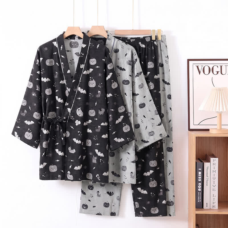 Halloween Bat Pumpkin Cotton Kimono Pajama Set - image 0