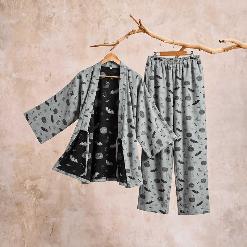 Halloween Bat Pumpkin Cotton Kimono Pajama Set - image 9