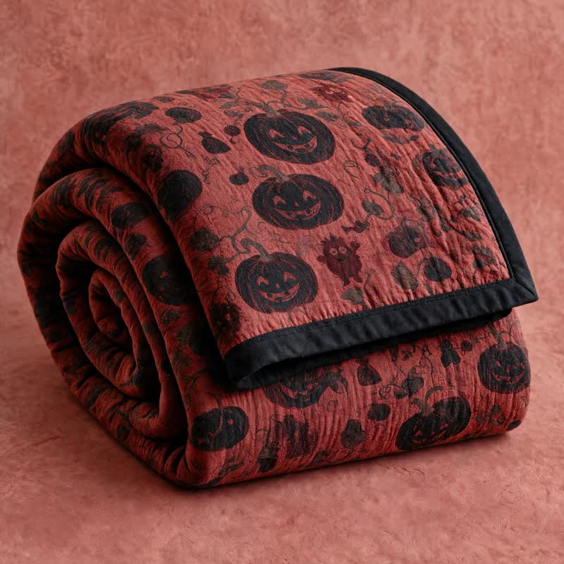 Burgundy Pumpkin Halloween Reversible Cotton Blanket - Red - Blanket - 98" x 94" - image 0