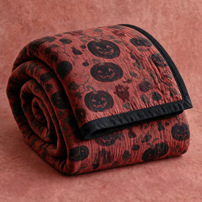 Burgundy Pumpkin Halloween Reversible Cotton Blanket - Red - Blanket - 98" x 94" - image 0