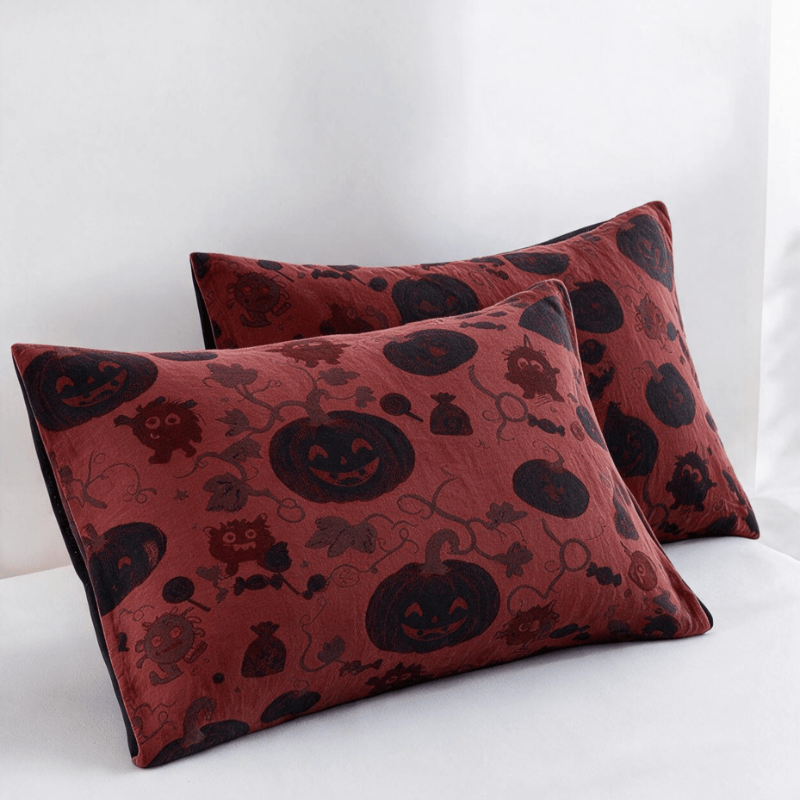 Burgundy Pumpkin Halloween Reversible Cotton Blanket - Red - 2PCS Pillowcases - 20" x 36" - image 4