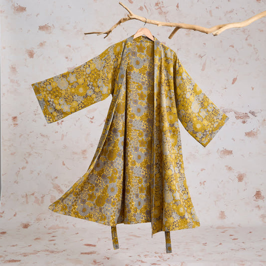 Retro Muted Floral Cotton Lounge Robe - Light gray - 2XL - image 0