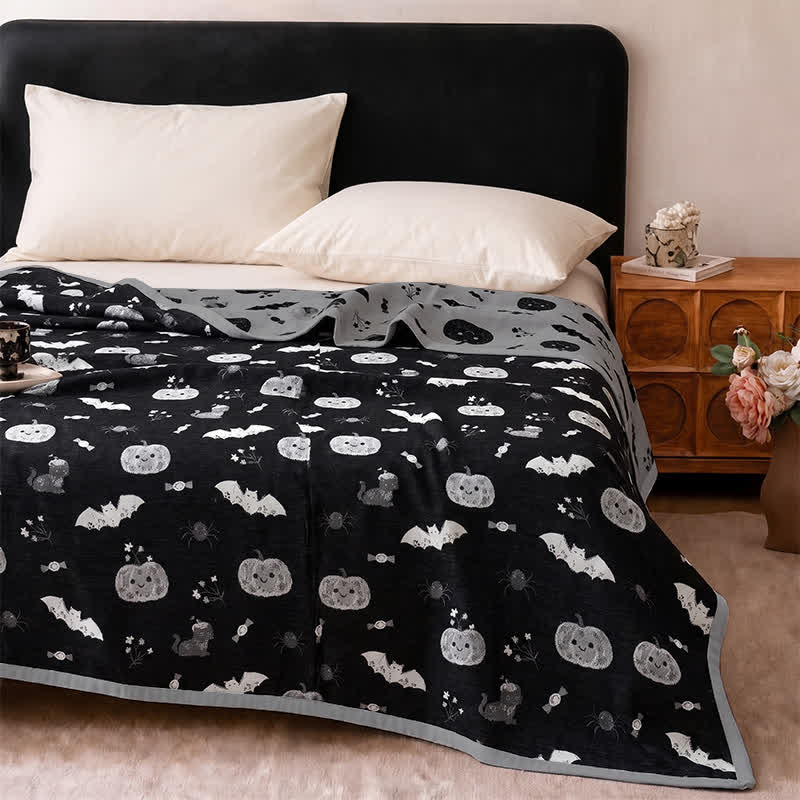 Cute Halloween Pumpkin Bat Reversible Cotton Blanket - image 3