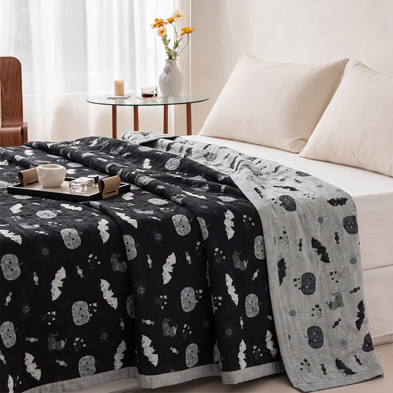 Cute Halloween Pumpkin Bat Reversible Cotton Blanket - image 2